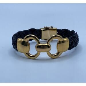 Italian Made Grunge Chic Braided Black Leather & Gold Chunky Bracelet